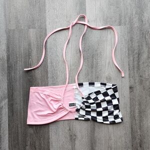 Color block checkerboard halter top